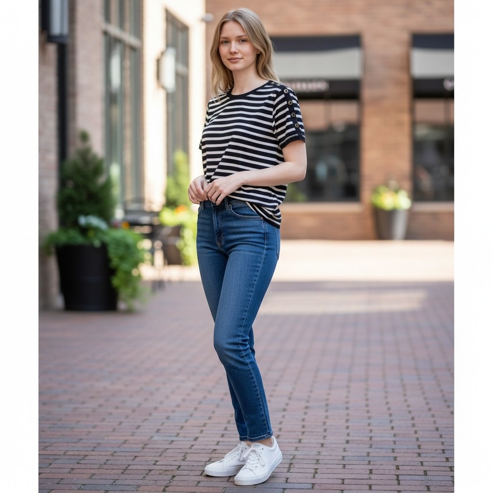 Lauren Ralph Lauren Stripe Shirt Womens L Black White Button Shoulder Nautical